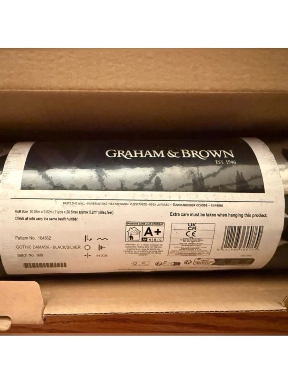 Gothic Damask Black & Silver Flock Wallpaper Graham & Brown, Retails $220